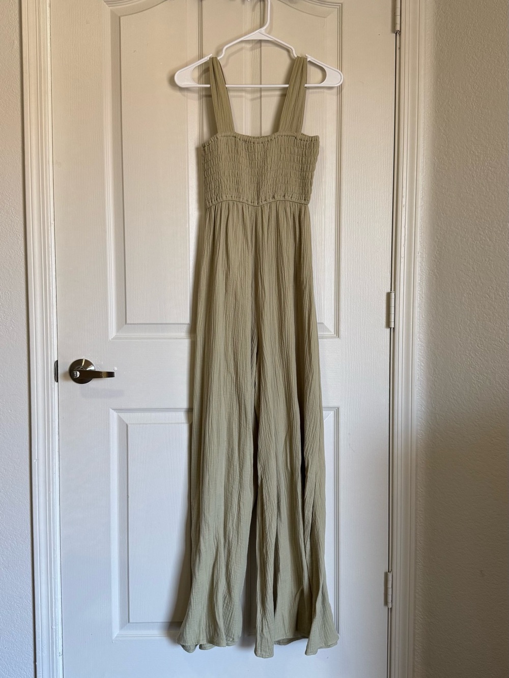 Smocked Wide-Strap Jumpsuit in Sage Green